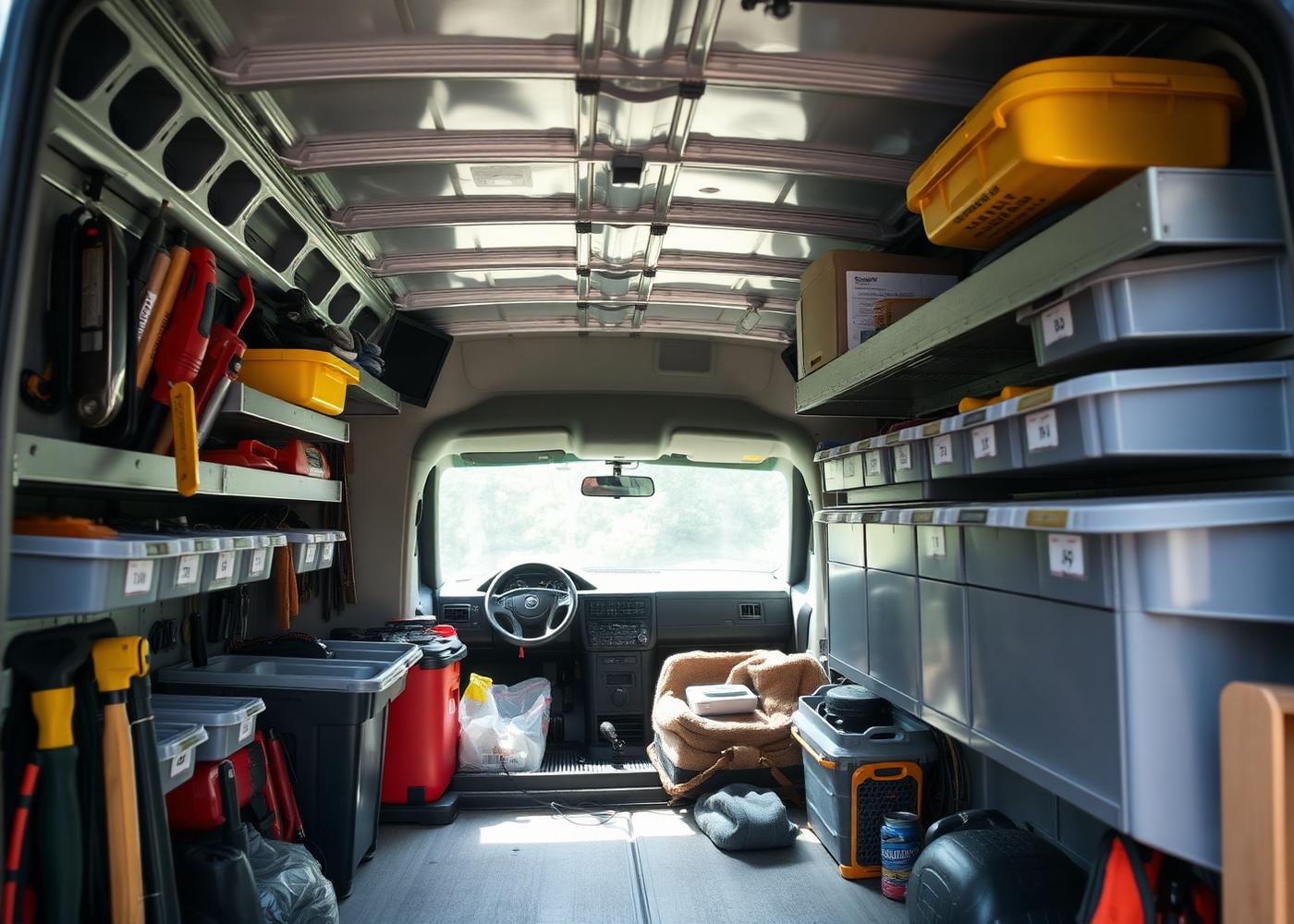 Organized handyman work van stocked with tools and labeled parts bins